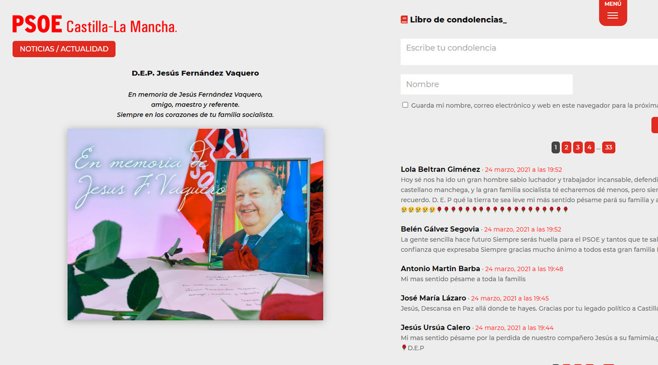 Libro de condolencias virtual que el PSOE de Castilla-La Mancha ha abierto en su página web para quienes quieran dejar mensajes de pésame a Jesús Fernández Vaquero. PeriódicoCLM