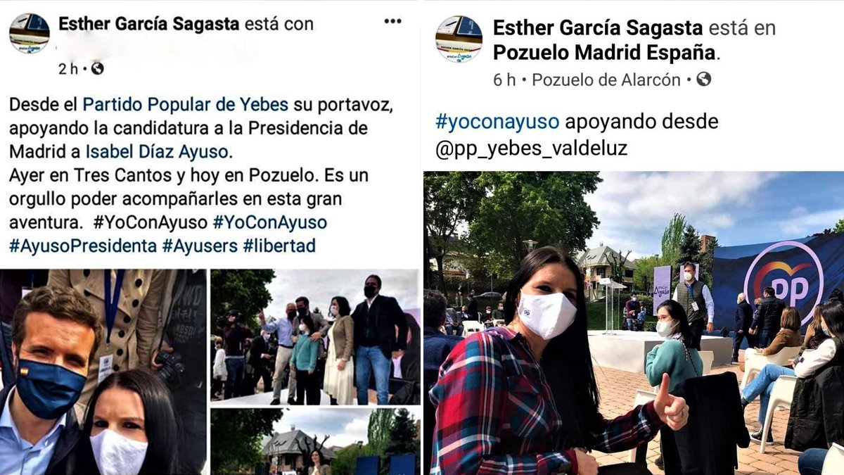 La portavoz del PP en Yebes, Esther García Sagasta, mostrando en la redes sociales su asistencia a varios mítines de su partido en la campaña electoral de la Comunidad de Madrid. PeriódicoCLM