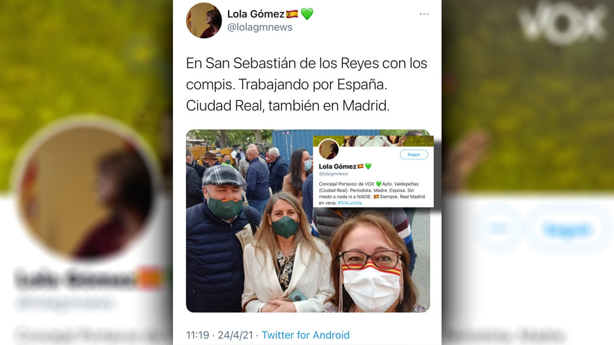 La portavoz de Vox en Valdepeñas, Local Gómez, difundió a través de las redes sociales su presencia en el mitin de Rocío Monasterio en San Sebastián de los Reyes (Madrid). PeriódicoCLM