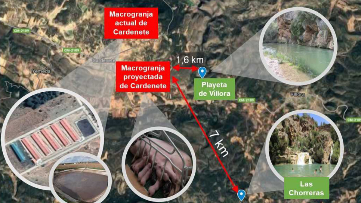 Mapa con la ubicación de las macrogranjas en Cardenete, en la Reserva de Biosfera del Valle del Cabriel. ASOCIACIÓN PUEBLOS VIVOS CUENCA