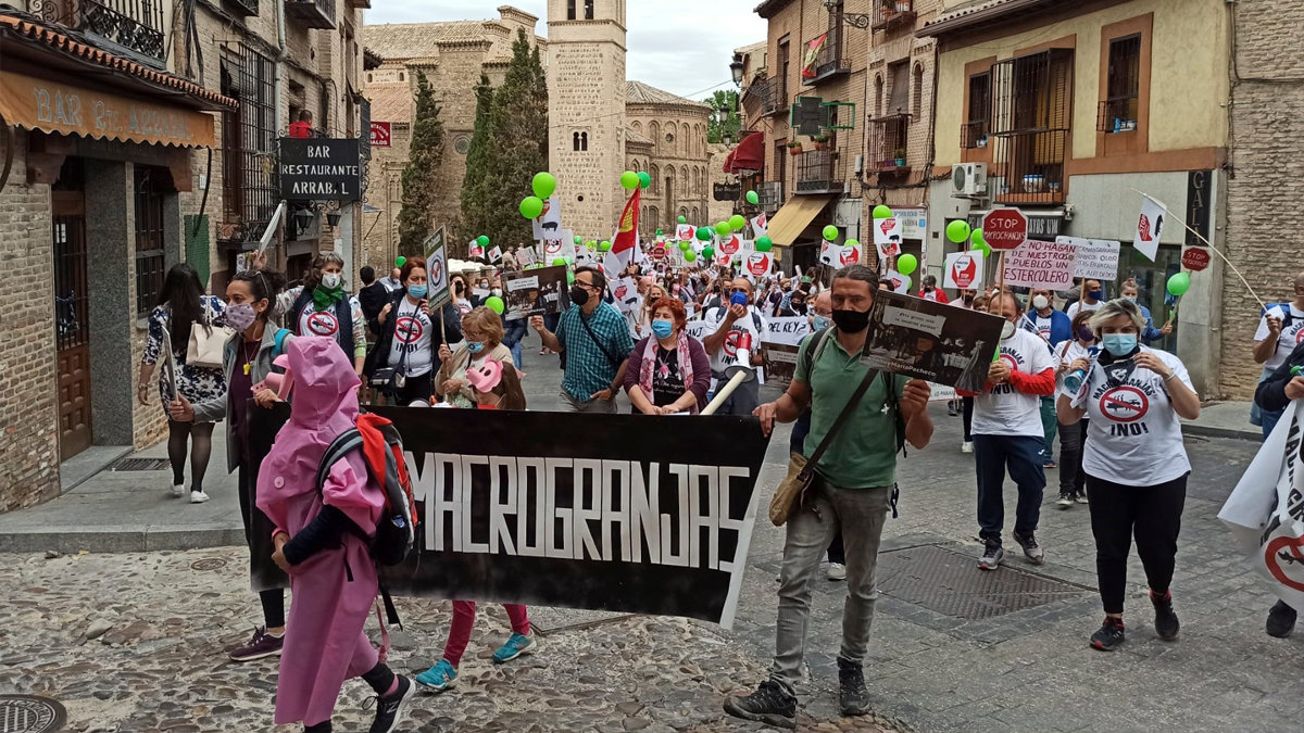 Manifestación contra las macrogranjas en el Paseo de la Vega de Toledo. Foto: Pueblos Vivos Cuenca