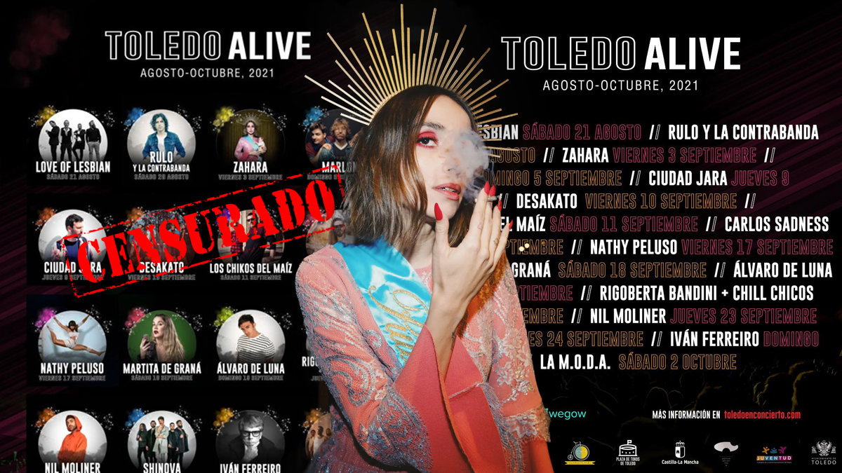 El cartel censurado del festival 'Toledo Alive' junto al utilizado tras la denuncia de Vox. Frente a ellos, una imagen de la artista Zahara. PeriódicoCLM