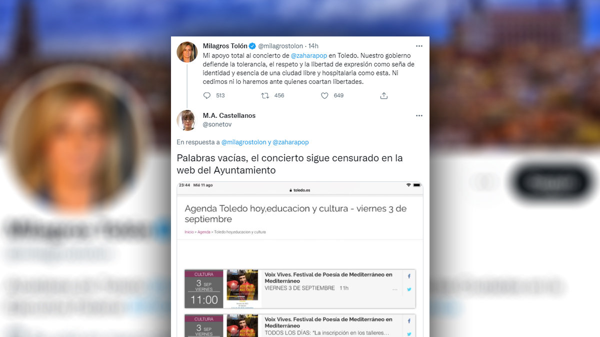 El tuit de la alcaldesa de Toledo, Milagros Tolón, sobre la polémica del concierto de Zahara, junto a la respuesta de una usuaria de esta red social. PeriódicoCLM