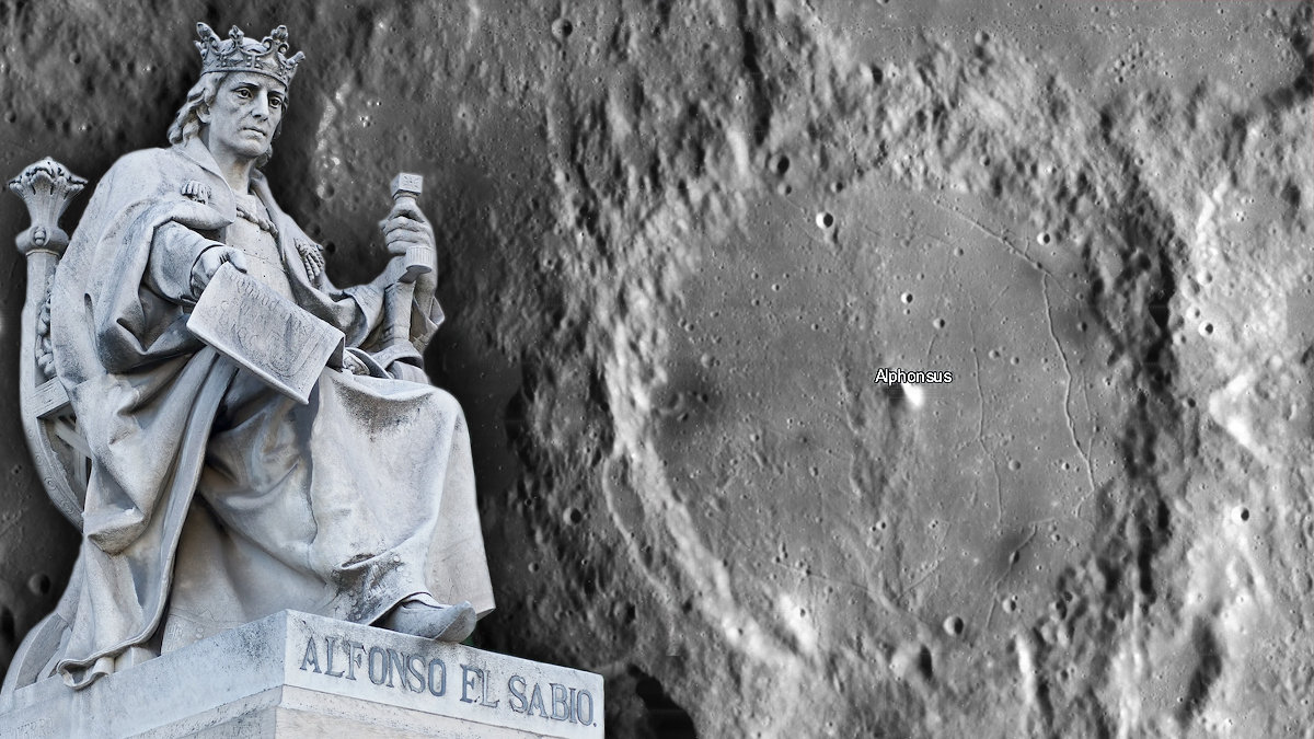 Montaje del cráter lunar dedicado a Alfonso X el Sabio junto a su estatua situada en la Biblioteca Nacional de España. — PERIÓDICOCLM