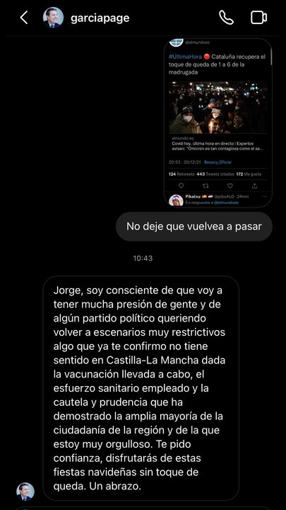 Respuesta del perfil oficial en Instagram del presidente de Castilla-La Mancha, Emiliano García-Page, a un joven toledano (@jorgeemg10)
. — PERIÓDICOCLM