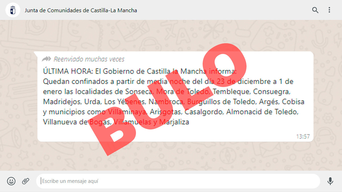 Mensaje falso difundido por WhatsApp anunciando el confinamiento de varios municipios de Toledo. — PERIÓDICOCLM