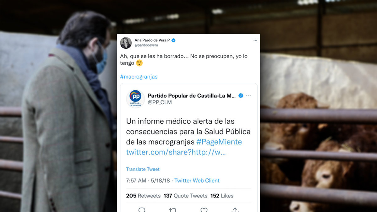 Uno de los tuits borrados por el PP de Castilla-La Mancha, rescatado por la periodista Ana de Pardo. De fondo, el presidente castellanomanchego del PP, Paco Núñez, visitando una explotación ganadera. — PERIÓDICOCLM