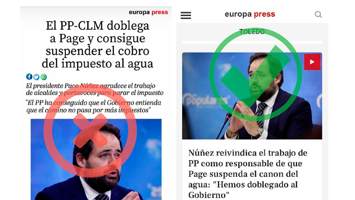 A la izquierda la 'fake news' difundida por dirigentes del PP y a la derecha la noticia real. — PERIÓDICOCLM