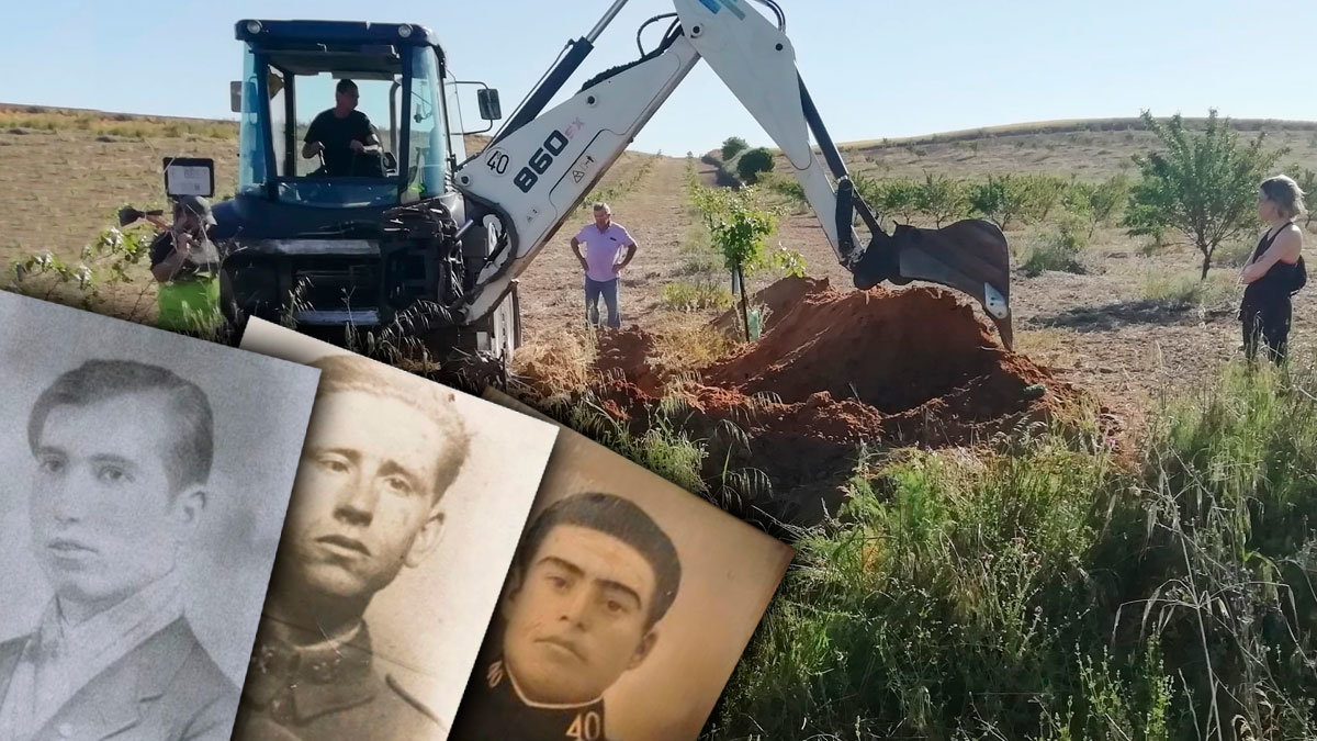 Trabajos de exhumación en Los Cerralbos (Toledo) junto a las imágenes de los asesinados Lucio Jiménez, Teodoro Dionisio y Pablo Arrogante, de izquierda a derecha. - PERIÓDICOCLM / ARMH