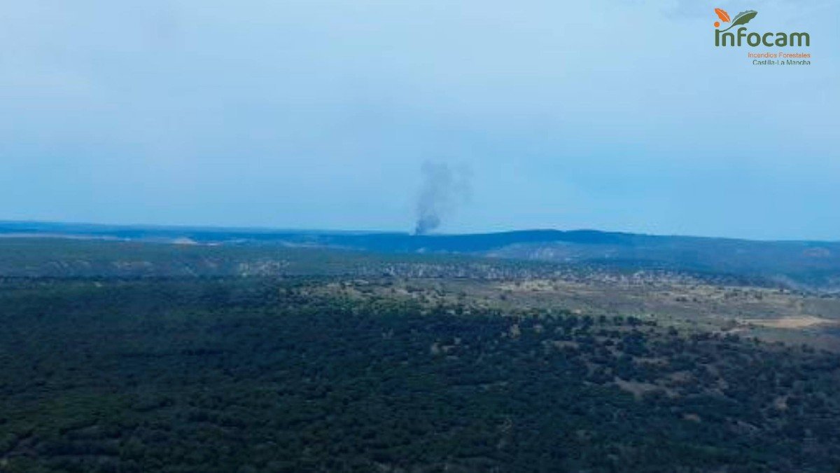 La columna de humo del incendio en el barrio de Santa María del Espino, al norte de la provincia de Guadalajara, es visible a kilómetros. | INFOCAM