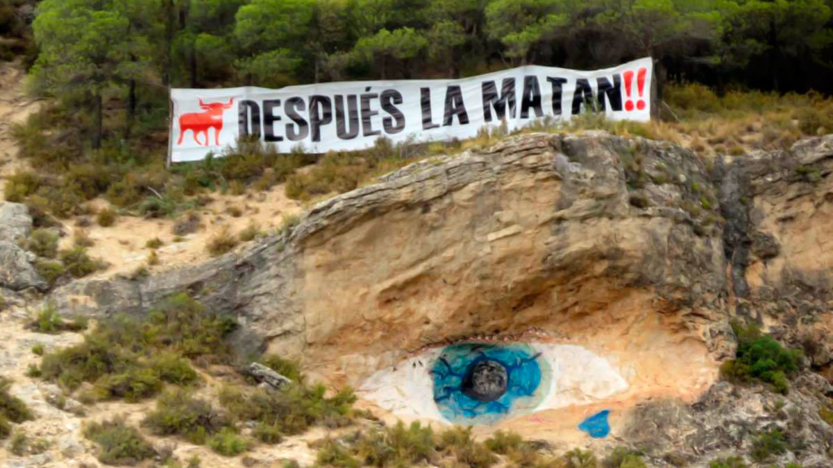 La pancarta reivindicativa ha sido desplegada en el cerro de la Doncella, junto a los Ojos de la Mora. - COORDINADORA ANTITAURINA CLM