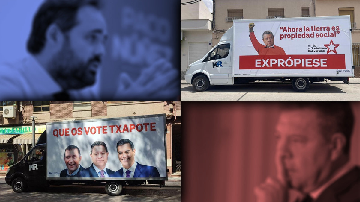 Los dos camiones con los que el Partido Popular de Castilla-La Mancha recorre la región para desprestigiar a Emiliano García-Page en campaña electoral. - PERIÓDICOCLM