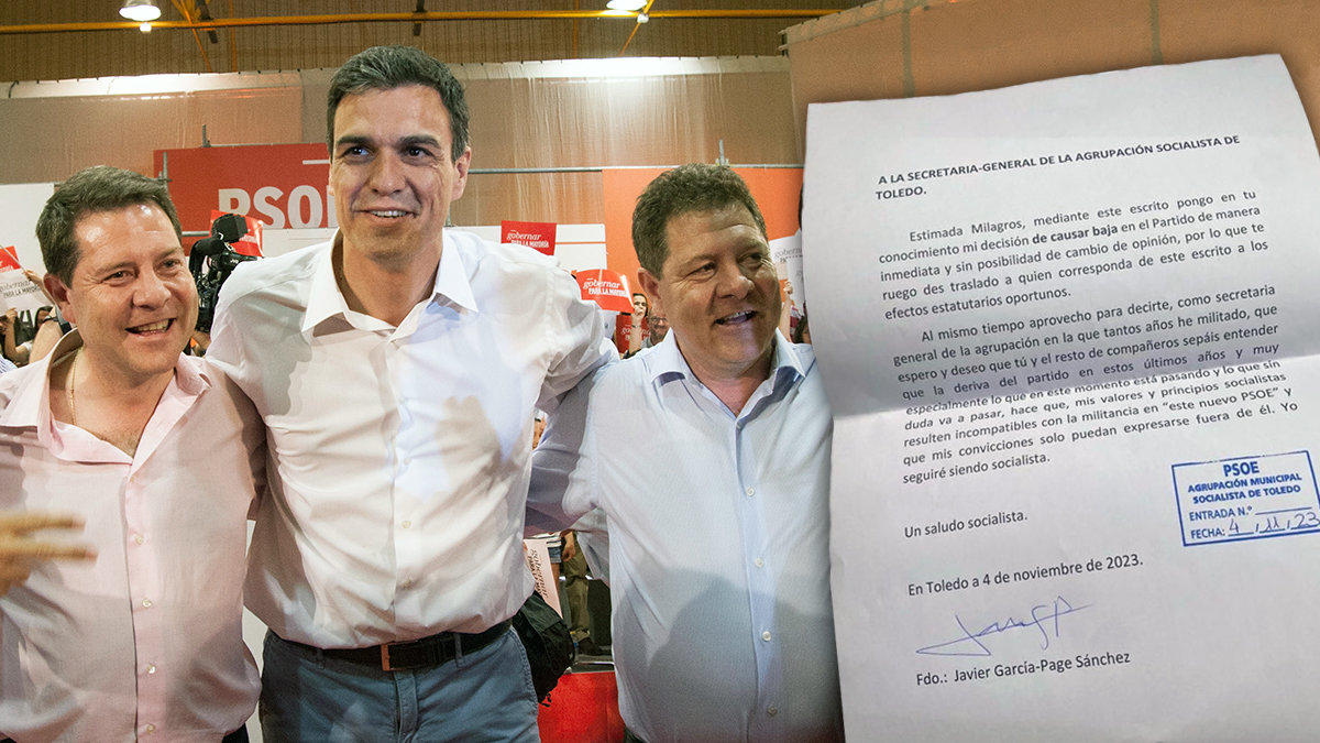 Emiliano García-Page, Pedro Sánchez y Javier García-Page, junto a la carta de baja de militancia del PSOE. - PERIÓDICOCLM