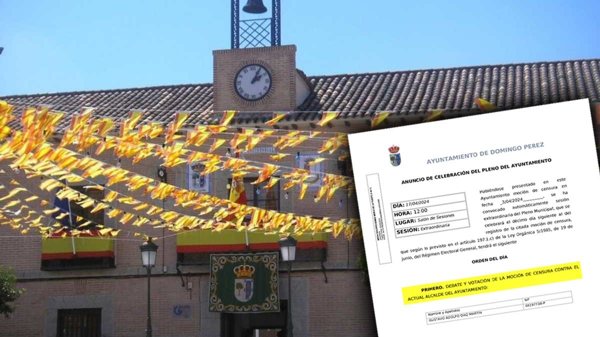 Fachada del Ayuntamiento de Domingo Pérez junto al extracto del anuncio de la nueva moción de censura. - PERIÓDICOCLM